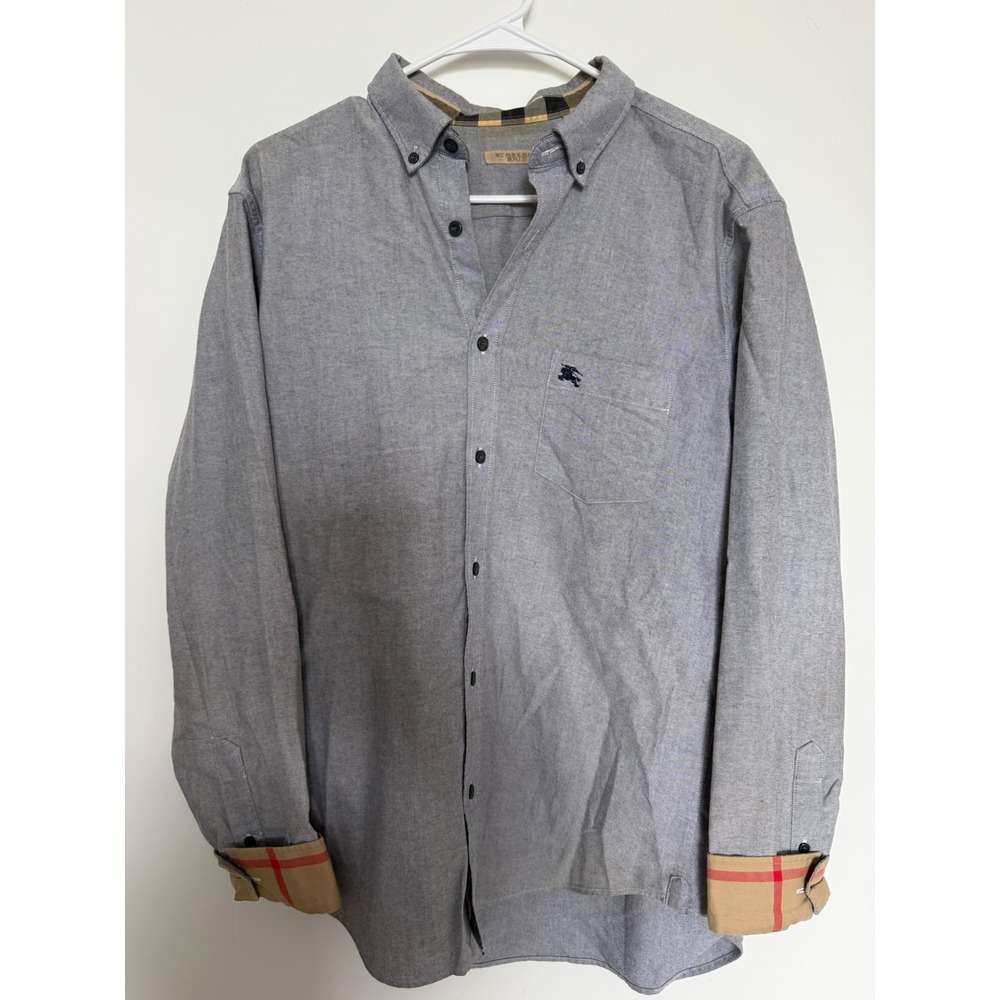 Burberry Brit Mens‎ Grey Nova Check Cuff Button Down Shirt Long Sleeve L